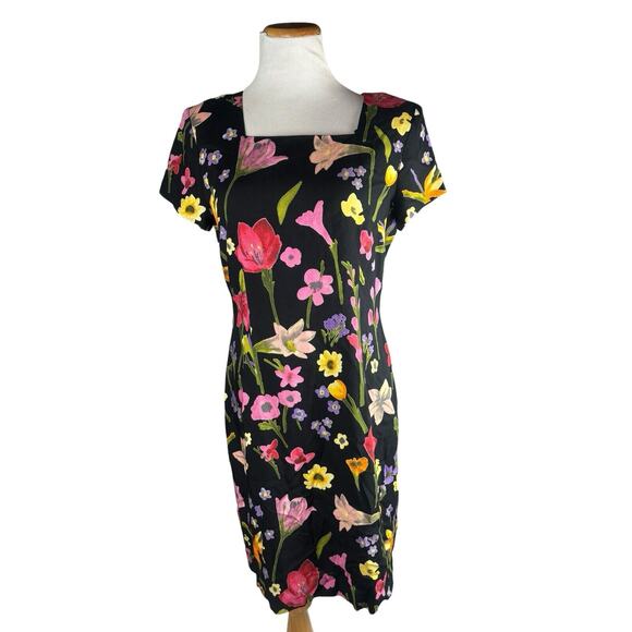 Y2K Floral Square Neck Above Knee Size 10 Positive Attitude Black Dress - Picture 7 of 7